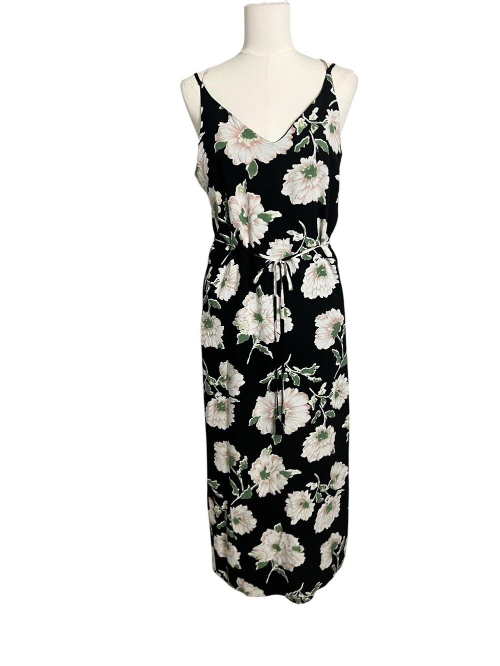 Soprano Floral Maxi Sundress Womens Small Black V Neck Tassel Belt Summer